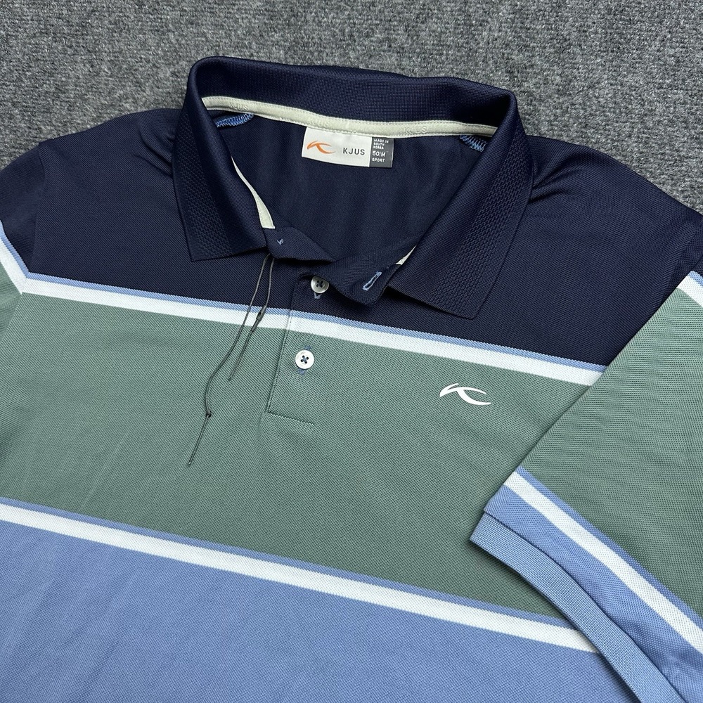KJUS Striped Polo Short Sleeve Striped Mens M Gray Luxury Golf Performance NWT